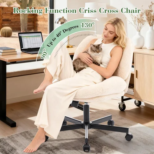 Miniatura 4 de Silla cruzada gruesa, acolchada, ergonómica, con patas cruzadas, con ruedas, silla giratoria sin brazos, altura ajustable para computadora