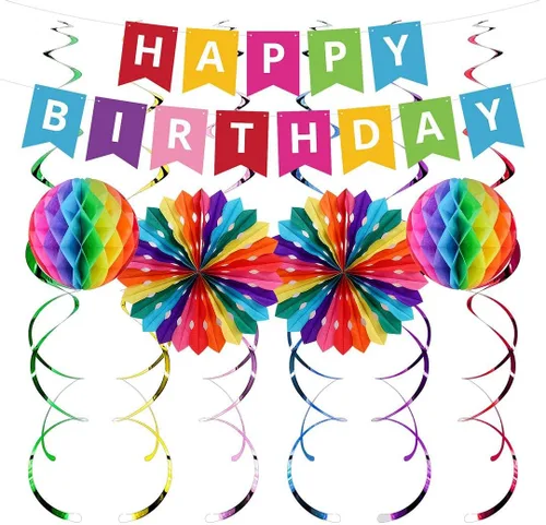 Kit colorido de decoración de feliz cumpleaños, incluye pompones de arcoíris, pancarta, remolinos, decoración de cumpleaños para hombres, mujeres,