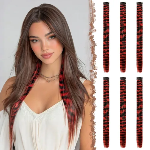 Miniatura 32 de FESHFEN Extensiones de cabello con clip de colores, 16 piezas de 8 colores resaltados, piezas de cabello sintético lacio con clip para mujer, 22