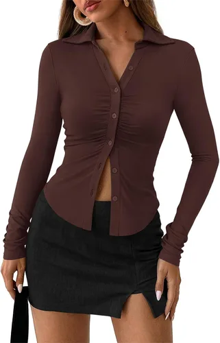 Miniatura 15 de PRETTYGARDEN - Camisas con botones para mujer, cuello en V, cuello abotonado, ajustadas, manga larga, camisa casual, moda de otoño, tops para damas