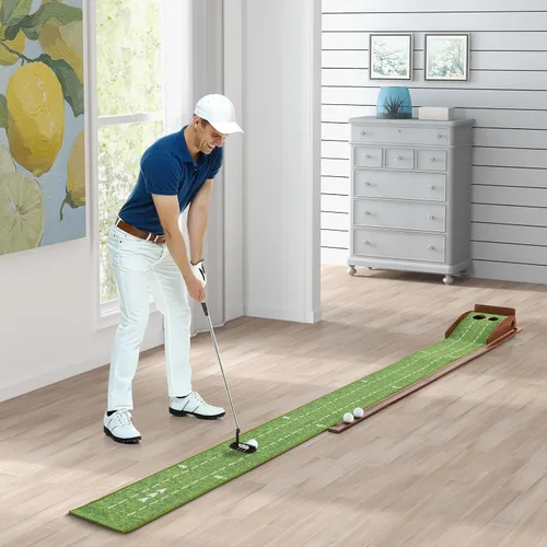 Miniatura 9 de Tangkula Alfombrilla de práctica de golf de 10 pies, 2/3 hoyos con retorno automático de bola para interiores y exteriores, guías de alineación y 3