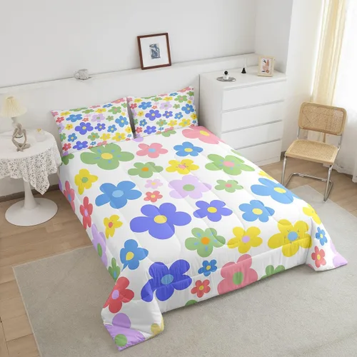 Miniatura 3 de Lindo juego de edredón de flores para niños y mujeres. Juego de ropa de cama de flores coloridas de dibujos animados, tamaño individual, bonito