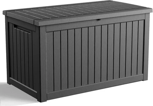 Miniatura 41 de Caja de cubierta para exteriores de 120 galones, cajas de almacenamiento impermeables con cerradura para herramientas de jardín, cojines de Gris