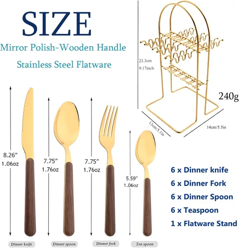 Miniatura 3 de Juego de cubiertos dorados de espejo de 24 piezas con soporte para cubiertos, cubiertos colgantes con mango redondo de madera, incluye cuchillo