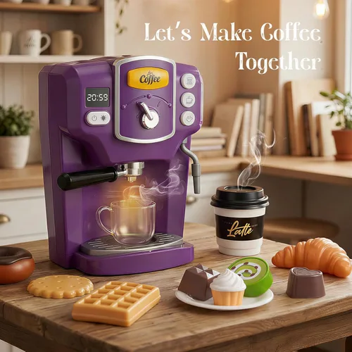 Miniatura 8 de Toylink Cafetera de juguete para niños con sonido y luces, juego de café morado para niños, accesorios de cocina con tazas y comida de juego