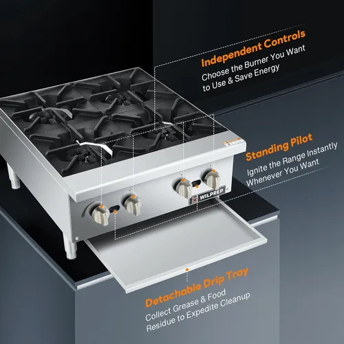 Miniatura 6 de WILPREP Cocina de gas para encimera, estufa de gas de encimera de 4 quemadores con 100,000 BTU, propano de 24 pulgadas con rejillas de kit