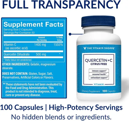 Miniatura 8 de The Vitamin Shoppe Brand Quercetin + C Citrus Free, 1400 mg de vitamina C y 500 mg de quercetina dihidrato, apoyo inmunológico, salud estacional