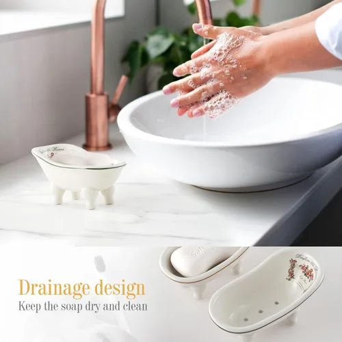 Miniatura 5 de Jabonera de baño de cerámica retro para ducha, 2 piezas, mini bañera de porcelana de 5.6 pulgadas, soporte de jabón autodrenante para decoración