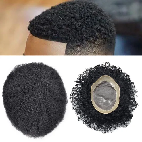 Miniatura 11 de Afro Curl Black Mens Toupee Afro Americano Unidades de Cabello para Hombres Negros Kinky Rizado Fino Mono Brasileño Cabello Humano Pelucas Hombres