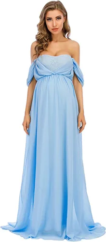 Miniatura 4 de ZIUMUDY Vestido de gasa de maternidad con hombros descubiertos para sesión de fotos, maxi vestido de encaje para baby shower, vestido de fiesta
