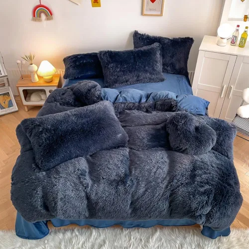 Miniatura 16 de chovy Juego de edredón de pelo sintético teñido anudado negro, gris y blanco, tamaño King, juego de cama de 3 piezas, ultra suave, franela de felpa