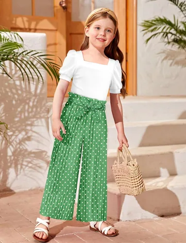 Miniatura 54 de DONWEN Conjunto de 3 piezas de ropa para niñas pequeñas y niñas con cuello cuadrado + pantalones elegantes + diadema para primavera y verano