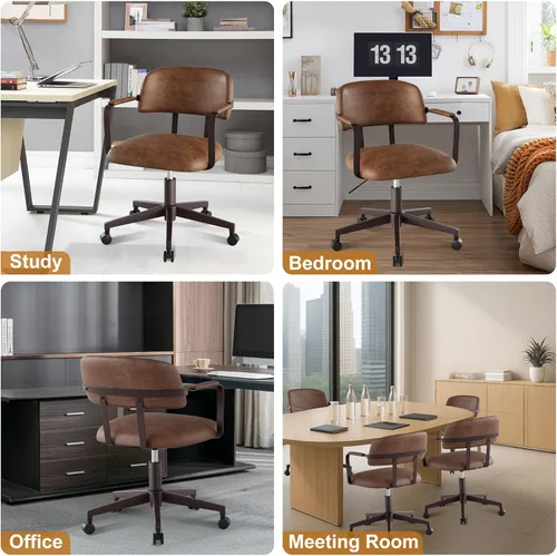 Miniatura 5 de Silla de escritorio moderna de mediados de siglo con diseño de madera curvada de nogal, silla retro de oficina en casa con altura ajustable, giro