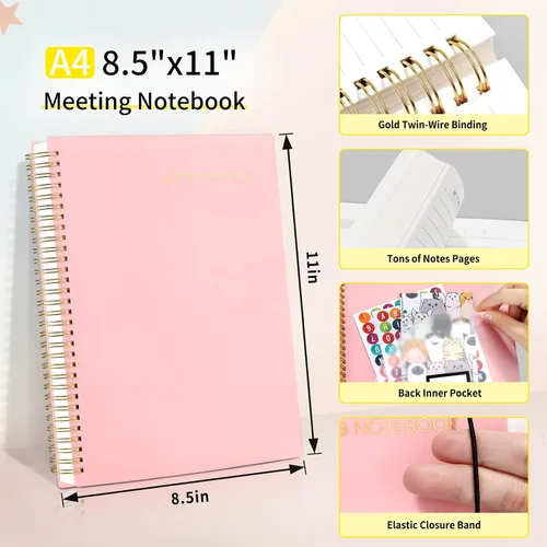 Miniatura 5 de SUNEE Cuaderno de reuniones para el trabajo con pestañas adhesivas, 160 páginas, planificador de proyectos de tamaño A4, agenda de reuniones