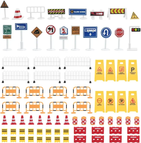 Toyvian Juego de letreros de tráfico simulados con 26 mini señales de tráfico y 54 cercas para juegos educativos e interacción entre padres e hijos