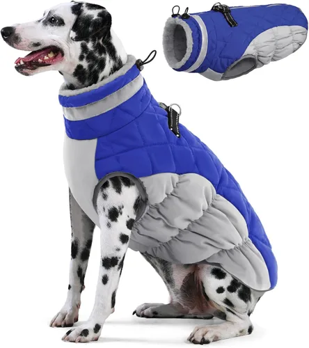 AOFITEE Abrigo para perro, chaquetas cálidas para perros grandes, abrigo reflectante de cuello alto para perros con arnés integrado, impermeable,