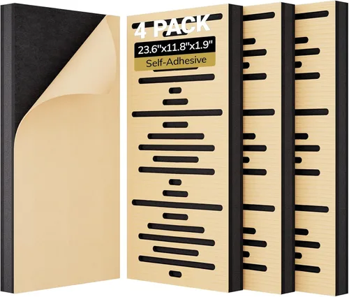 Miniatura 9 de TONOR Paquete de 4 paneles de pared de madera acústica, panel de pared autoadhesivo 3D de 23.6 x 11.8 x 1.9 pulgadas, azulejos insonorizados de tres