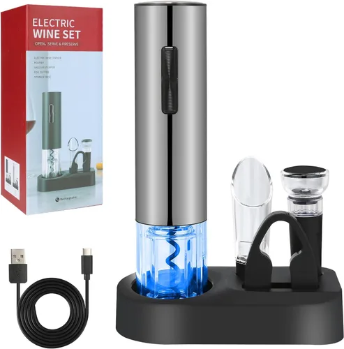 VIDYSUFYR Juego de abridor eléctrico de botellas de vino, plateado, abridor automático de botellas de vino con luz LED, kit de sacacorchos