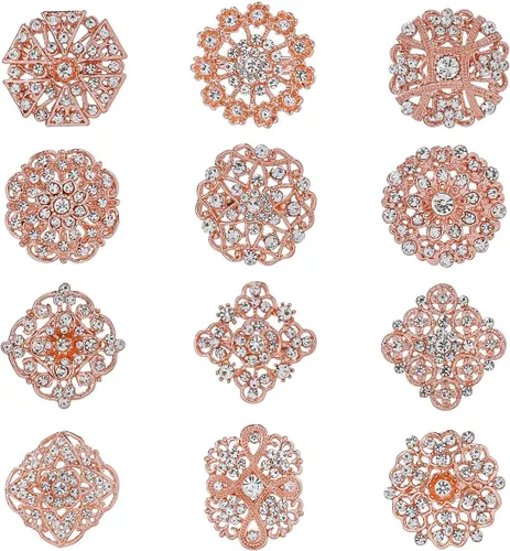 Lote de 12 piezas de broche de flores de diamantes de imitación de cristal surtido para mujeres, kit de ramo de boda nupcial DIY Oro rosa