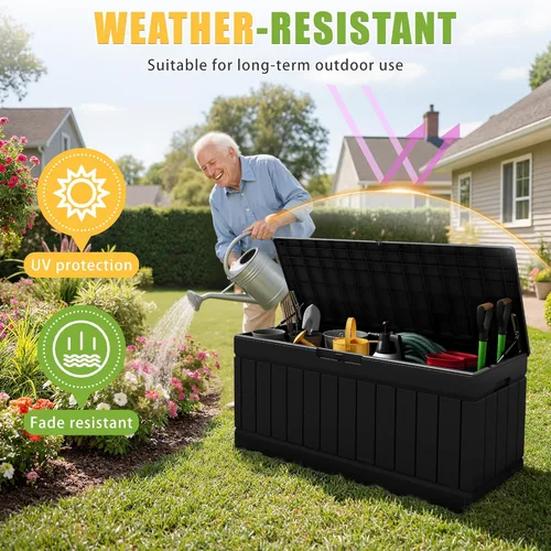 Miniatura 3 de Greesum Caja de almacenamiento al aire libre de 82 galones con tapa para muebles de patio, herramientas de jardín, suministros de piscina, Café