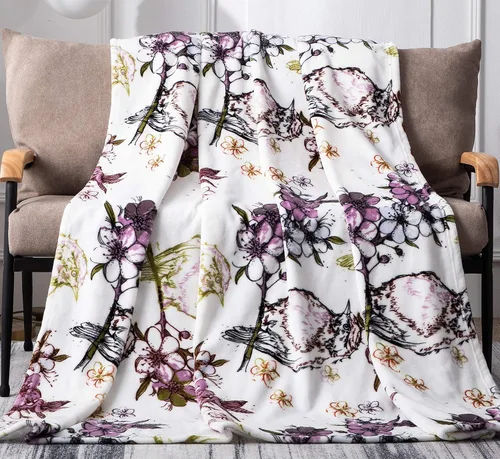 Miniatura 7 de DaDa Bedding - Manta de forro polar de visón sintético con estampado floral morado, franela de felpa ultrasuave, estampado de pájaros de jardín
