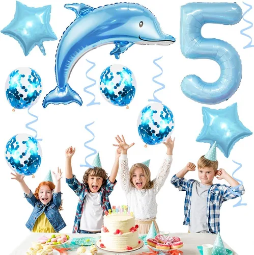 Miniatura 7 de Globos de cumpleaños de 5º delfín, globo gigante de papel de aluminio de delfín número 5, globos de Mylar de animales del océano para suministros