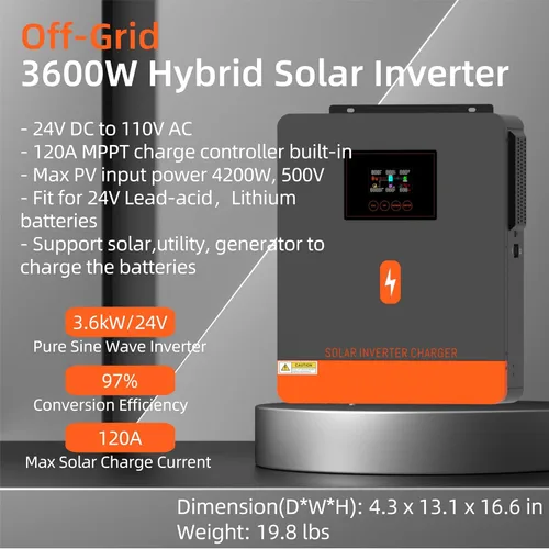 Miniatura 2 de PowMr Inversor solar de 3600 W, 24 V CC a 110 V CA, inversor de corriente de onda sinusoidal pura con controlador MPPT de 120 A y cargador de CA