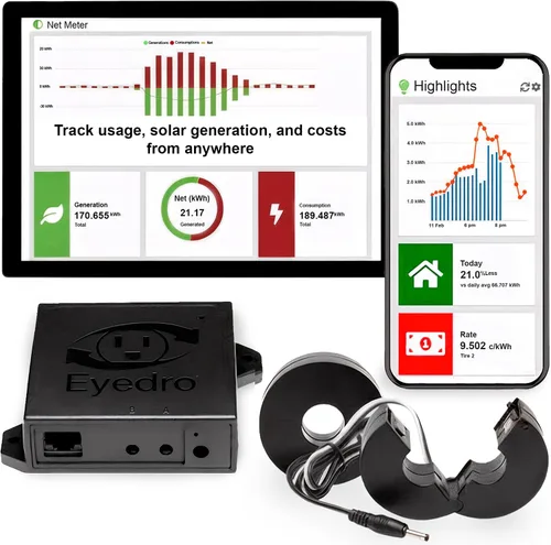 Eyedro Monitor de energía para el hogar, monitor de uso de electricidad en tiempo real con medición de red solar, monitor de consumo de energía para