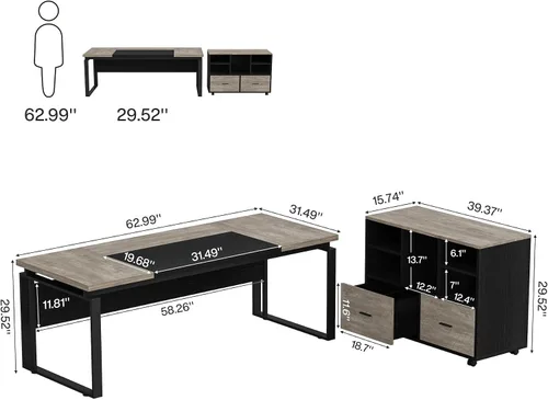 Miniatura 2 de Tribesigns Escritorio ejecutivo en forma de L con archivador reversible, escritorio de oficina de 63" con cajones de almacenamiento, escritorio