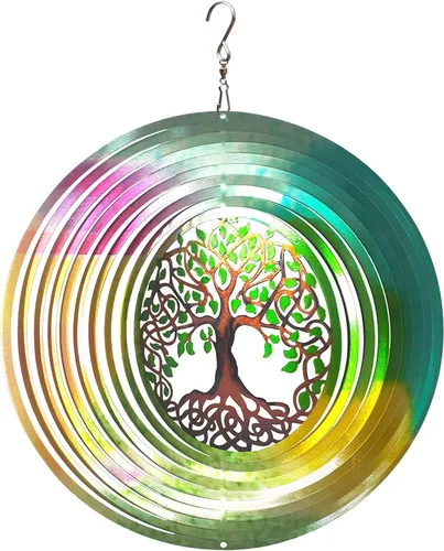 Molinillo de viento de mandala del árbol de la vida, 12 pulgadas, 3D, de acero inoxidable cortado con láser, patrón geométrico de arte, regalo A1