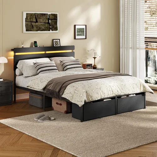 Miniatura 5 de Forestell Marco de cama tamaño completo con cabecera de madera, cama plataforma negra con 2 cajones de almacenamiento y estante, estación de carga