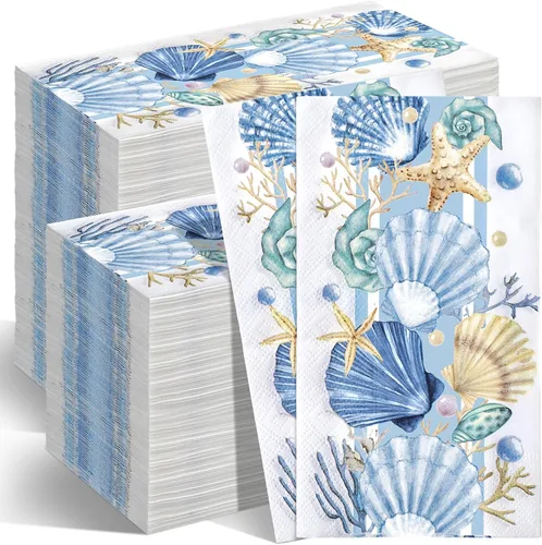 Miniatura 16 de Jetec 100 servilletas de papel de playa costeras para baño, desechables, para invitados, náutico, océano, mar, azul, estrella de mar, toallas