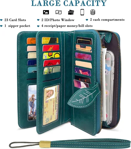 Miniatura 2 de CONISY Cartera RFID para mujer, de gran capacidad, cartera larga de cuero para tarjetas de crédito con correa de muñeca