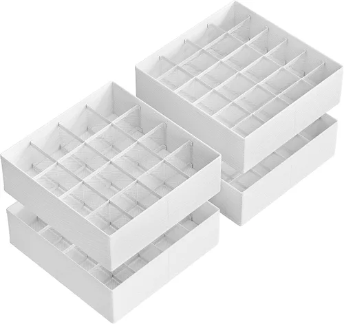 SONGMICS Paquete de 4 organizadores de cajones, 80 celdas (2 x 16 + 2 x 24), separadores plegables, 11.8 x 11.8 x 3.9 pulgadas, para calcetines,