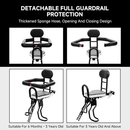 Miniatura 6 de Asiento de bicicleta para niños, asiento de bicicleta infantil grueso montado en la parte delantera de 176.4 lbs de capacidad con reposapiés