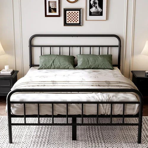 Base de cama de metal de 14 pulgadas, marco de cama de tamaño matrimonial con espacio de almacenamiento, base de colchón resistente y resistente,