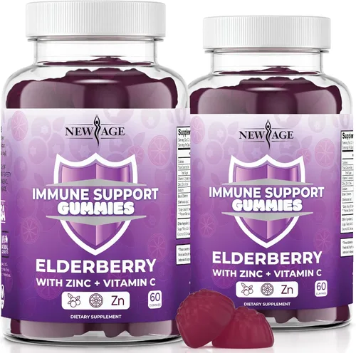 NEW AGE Gomitas de apoyo al sistema inmunológico, gomitas Sambucus Black Elderberry con vitamina C y zinc (120 unidades (paquete de 2))