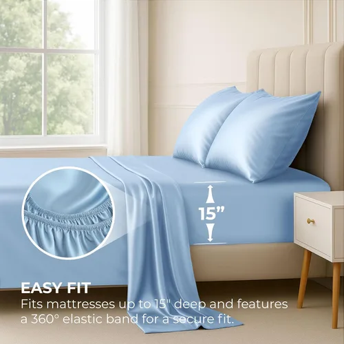Miniatura 3 de Pure Bedding Sábanas de satén de lujo para cama individual de hotel, juego de sábanas de microfibra extra suave de 1800, resistente a las arrugas, a