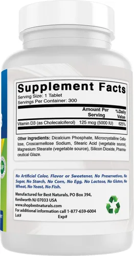 Miniatura 6 de Best Naturals Vitamina D3 – 300 tabletas – Hecho en Estados Unidos, sin OMG, sin gluten, sin color, sabor ni conservantes artificiales – Suplemento