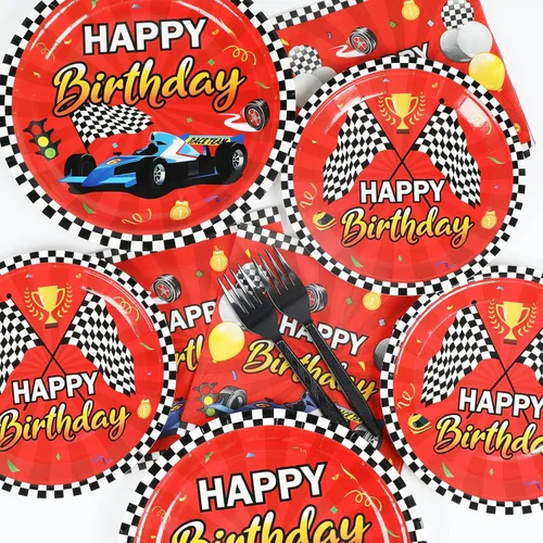 Miniatura 5 de 96 piezas de decoración temática de autos de carreras para fiesta de cumpleaños, platos y servilletas de carreras, juego de vajilla desechable