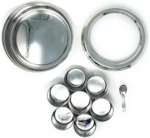 Miniatura 5 de Caja de especias Rani de acero inoxidable transparente redonda para almacenamiento (Masala Dabba) de 7 compartimentos, con cuchara