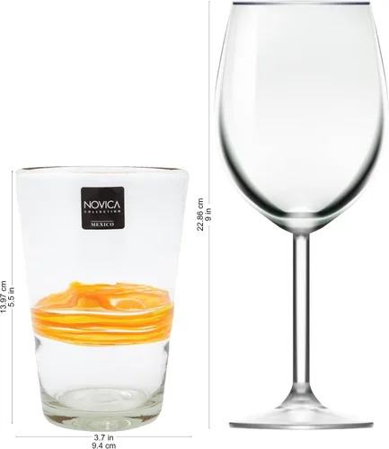 Miniatura 7 de NOVICA Vasos de jugo de vidrio reciclado, soplados a mano, hechos a mano, color amarillo, artesanal, 15 onzas, cinta de sol (juego de 6)