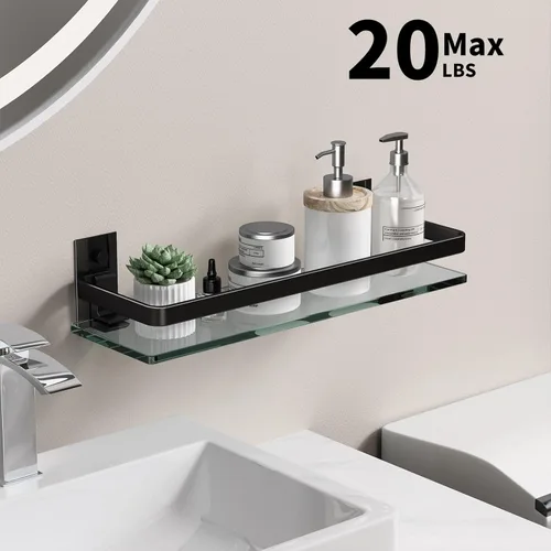 Miniatura 7 de Danpoo Estante de Pared de Vidrio Templado Transparente, Organizador de Montaje en Pared para Baño, Cocina (Negro Mate)