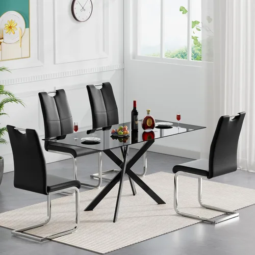 Miniatura 5 de Mesa de comedor de vidrio negro de 51.2 pulgadas para 4, mesa rectangular de comedor de cocina para 4, mesa rectangular de vidrio templado de 0.32