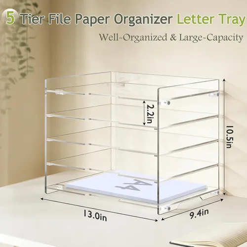 Miniatura 3 de KKU Organizador de escritorio de acrílico transparente de 5 niveles, bandeja de cartas, organizador de escritorio y accesorios para suministros
