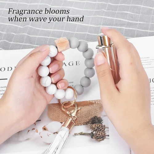 Miniatura 4 de Weixiltc Llavero para mujer, pulsera de cuentas de silicona, llavero con borla de cuero