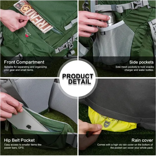 Miniatura 7 de MOUNTAINTOP Mochila de marco interno de 80L para hombre y mujer Mochila de senderismo con cubierta de lluvia Verde oscuro-80l