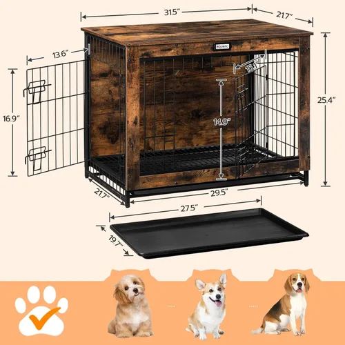 Miniatura 5 de HOOBRO Mueble de jaula para perros, perrera mediana de 32.5 pulgadas para interiores, jaula de madera con bandeja extraíble, mesa auxiliar lateral