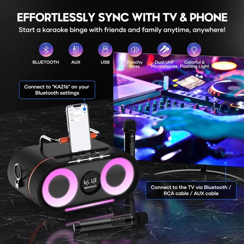 Miniatura 2 de BIGASUO Máquina de karaoke con luces intermitentes explosivas de graves intensos para adultos, sistema de altavoces PA portátil Bluetooth con 2