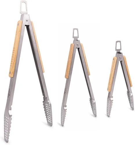 Miniatura 17 de Pinzas para barbacoa de acero inoxidable 18/0 de 9 pulgadas con mango ergonómico de madera de roble real para cocinar, accesorio duradero